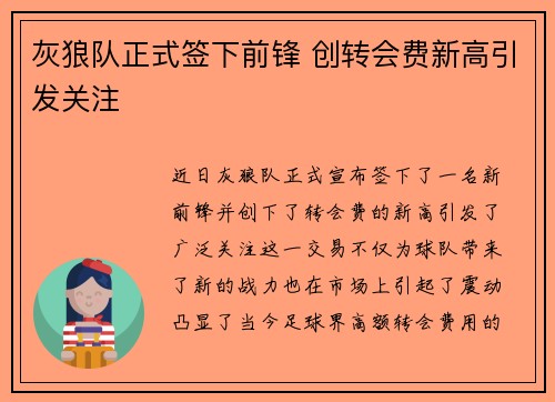 灰狼队正式签下前锋 创转会费新高引发关注
