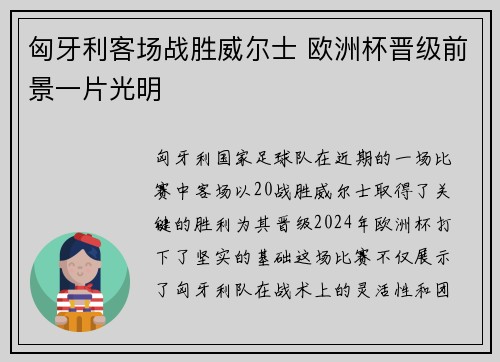 匈牙利客场战胜威尔士 欧洲杯晋级前景一片光明