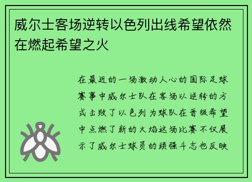 威尔士客场逆转以色列出线希望依然在燃起希望之火