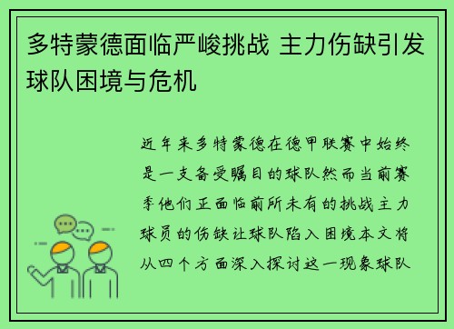 多特蒙德面临严峻挑战 主力伤缺引发球队困境与危机