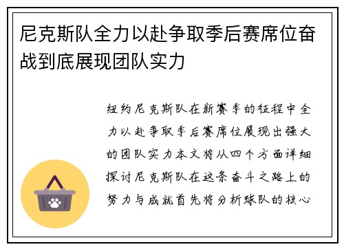 尼克斯队全力以赴争取季后赛席位奋战到底展现团队实力