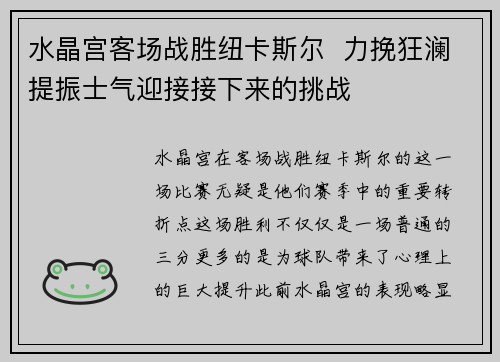 水晶宫客场战胜纽卡斯尔  力挽狂澜提振士气迎接接下来的挑战