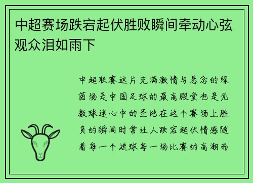 中超赛场跌宕起伏胜败瞬间牵动心弦观众泪如雨下