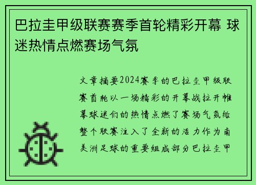 巴拉圭甲级联赛赛季首轮精彩开幕 球迷热情点燃赛场气氛