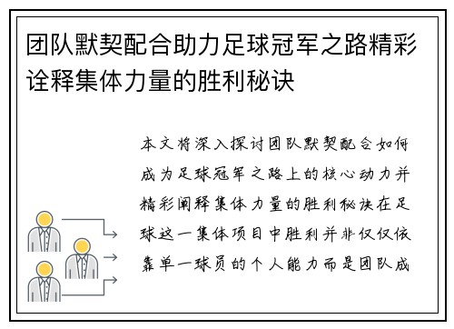 团队默契配合助力足球冠军之路精彩诠释集体力量的胜利秘诀