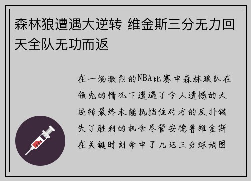 森林狼遭遇大逆转 维金斯三分无力回天全队无功而返