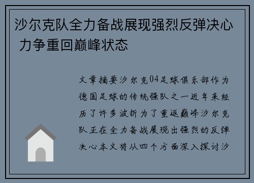 沙尔克队全力备战展现强烈反弹决心 力争重回巅峰状态