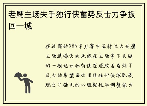 老鹰主场失手独行侠蓄势反击力争扳回一城