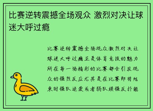 比赛逆转震撼全场观众 激烈对决让球迷大呼过瘾