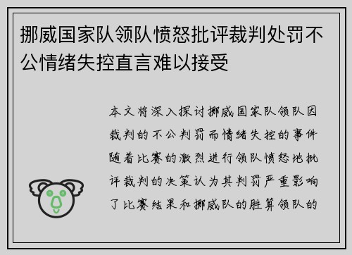 挪威国家队领队愤怒批评裁判处罚不公情绪失控直言难以接受